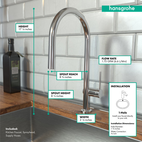 Hansgrohe 72800001 Talis N High Arc Kitchen Faucet, O-Style 2-Spray Pull-Down, 1.75 GPM in Chrome