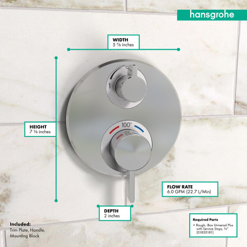 Hansgrohe Ecostat S Thermostatic Trim with Volume Control & Diverter for 2 Functions - Chrome