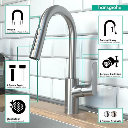 Hansgrohe 04506801 Focus Prep Kitchen Faucet, 2-Spray Pull-Down, 1.75 GPM in Steel Optic Hansgrohe 04506801 Focus Prep Kitchen Faucet, 2-Spray Pull-Down, 1.75 GPM in Steel Optic
