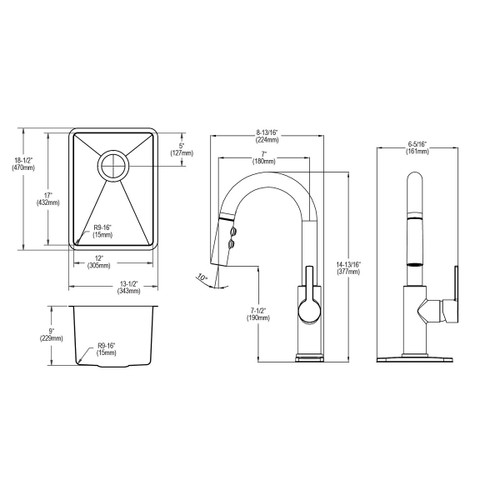 Elkay Crosstown 18 Gauge Stainless Steel 13-1/2" x 18-1/2" x 9" Single Bowl Undermount Bar Sink & Faucet Kit with Drain