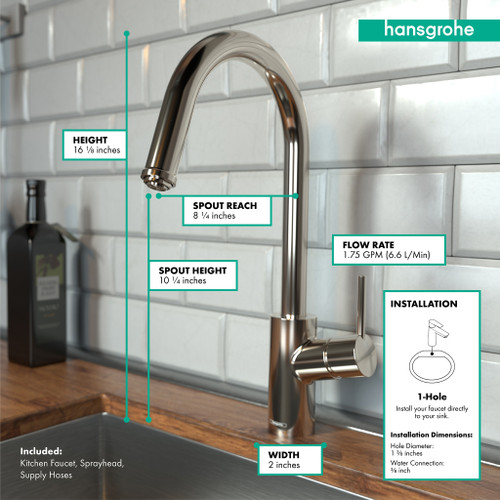 Hansgrohe 14872831 Talis S2 High Arc Kitchen Faucet, 1-Spray Pull-Down, 1.75 GPM in Polished Nickel Hansgrohe 14872831 Talis S2 High Arc Kitchen Faucet, 1-Spray Pull-Down, 1.75 GPM in Polished Nickel