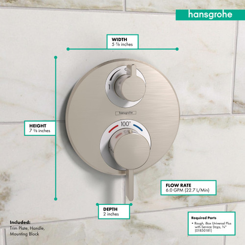 Hansgrohe 15757821 Ecostat S Thermostatic Trim with Volume Control in Brushed Nickel