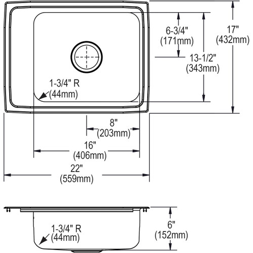 Elkay Lustertone Classic Stainless Steel 22" x 17" x 6", 2-Hole Single Bowl Drop-in Classroom ADA Sink with Quick-clip
