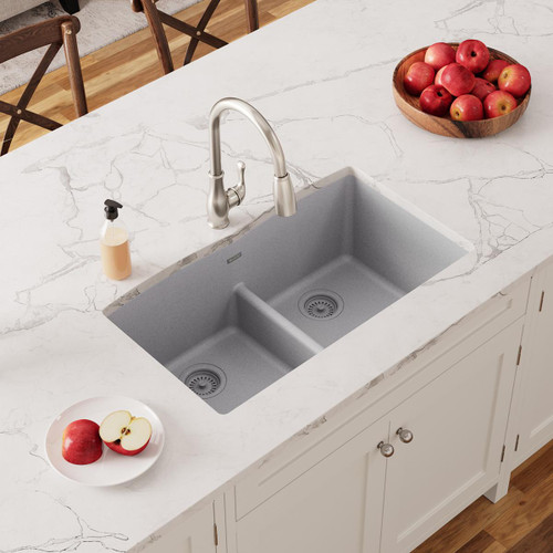 Elkay Quartz Classic 33" x 19" x 10" Equal Double Bowl Undermount Sink with Aqua Divide Greystone