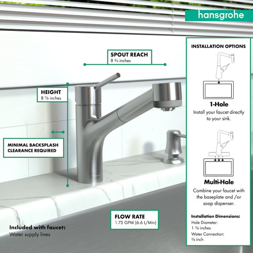 Hansgrohe 06462860 Talis S Kitchen Faucet, 2-Spray Pull-Out, 1.75 GPM in Steel Optic