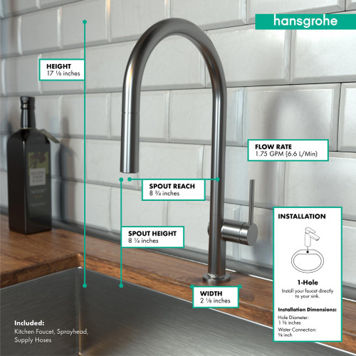 Hansgrohe 72800341 Talis N High Arc Kitchen Faucet, O-Style, 2-Spray Pull-Down, 1.75 GPM in Brushed Black Chrome