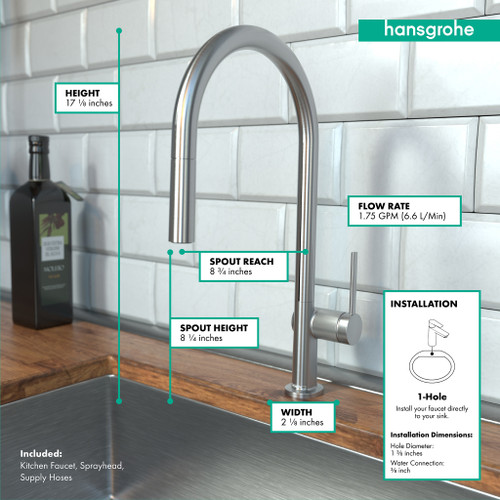 Hansgrohe 72800801 Talis N High Arc Kitchen Faucet, O-Style 2-Spray Pull-Down, 1.75 GPM in Steel Optic