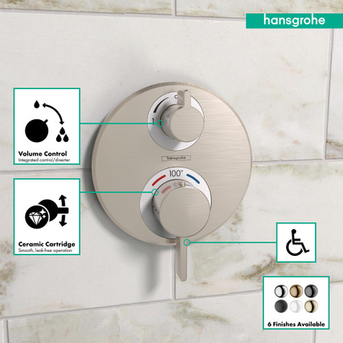 Hansgrohe Ecostat S Thermostatic Trim with Volume Control & Diverter for 2 Functions - Brushed Nickel