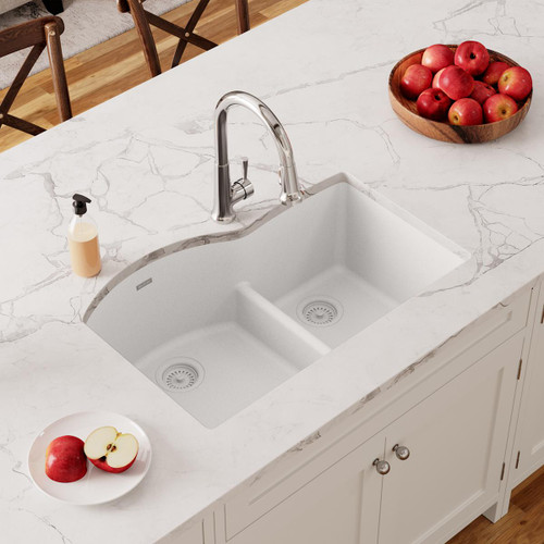 Elkay Quartz Classic 33" x 22" x 10" Offset 60/40 Double Bowl Undermount Sink with Aqua Divide White