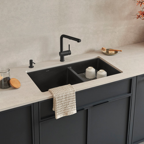 Blanco 442926: Precis Collection 33" Undermount 60/40 Double Bowl Kitchen Sink - Coal Black Blanco 442926: Precis Collection 33" Undermount 60/40 Double Bowl Kitchen Sink - Coal Black