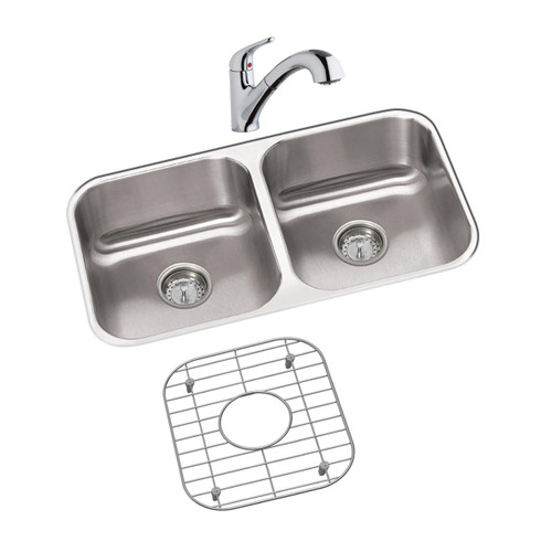 Elkay Dayton Stainless Steel 31-3/4" x 18-1/4" x 8" Equal Double Bowl Undermount Sink and Faucet Kit with Bottom Grid