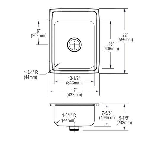 Elkay Lustertone Classic Stainless Steel 17" x 22" x 7-5/8", 3-Hole Single Bowl Drop-in Sink with Perfect Drain