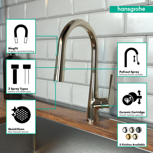 Hansgrohe 72813831 Talis S High Arc Kitchen Faucet, 2-Spray Pull-Down, 1.75 GPM in Polished Nickel Hansgrohe 72813831 Talis S High Arc Kitchen Faucet, 2-Spray Pull-Down, 1.75 GPM in Polished Nickel