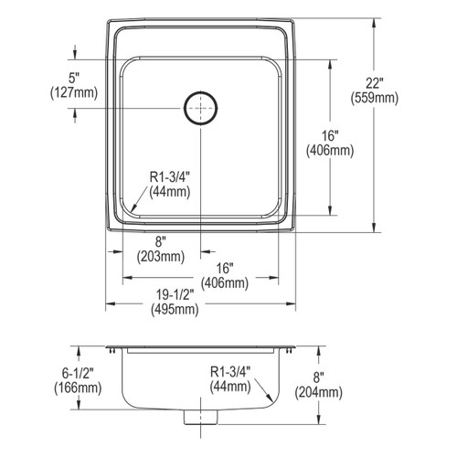 Elkay Lustertone Classic Stainless Steel 19-1/2" x 22" x 6-1/2" 3-Hole Single Bowl Drop-in ADA Sink with Perfect Drain and Quick-clip