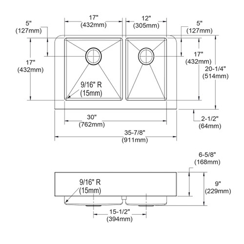 Elkay Crosstown 18 Gauge Stainless Steel 35-7/8" x 20-1/4" x 9" 60/40 Double Bowl Farmhouse Sink Kit