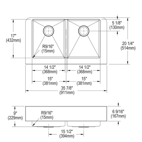 Elkay Crosstown 18 Gauge Stainless Steel 35-7/8" x 20-1/4" x 9", Equal Double Bowl Farmhouse Sink with Aqua Divide