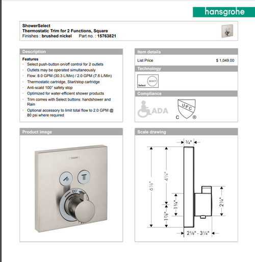 Hansgrohe 15763821 ShowerSelect Thermostatic Trim for 2 Functions, Square in Brushed Nickel