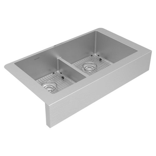 Elkay Crosstown 18 Gauge Stainless Steel 35-7/8" x 20-1/4" x 9", Equal Double Bowl Farmhouse Sink Kit with Aqua Divide