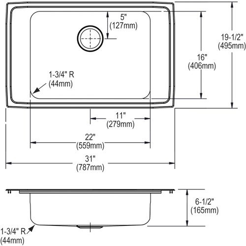 Elkay Lustertone Classic Stainless Steel 31" x 19-1/2" x 6-1/2" 2LM-Hole Single Bowl Drop-in Classroom ADA Sink