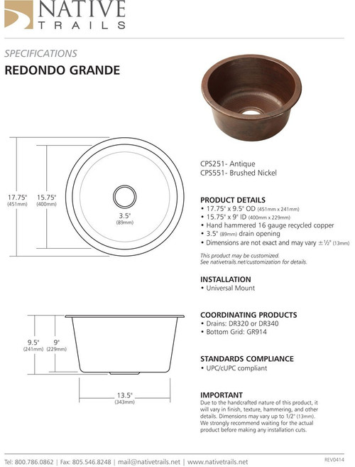 Native Trails CSP251 REDONDO GRANDE: Hammered Copper Bar/Prep Sink Native Trails CSP251 REDONDO GRANDE: Hammered Copper Bar/Prep Sink