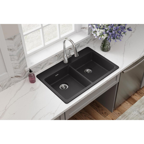 Elkay Quartz Classic 33" x 22" x 5-1/2" Double Bowl Drop-in ADA Sink with Perfect Drain Black