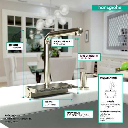 Hansgrohe 73836831 Aquno Select Kitchen Faucet, 2-Spray Pull-Out, 1.75 GPM in Polished Nickel