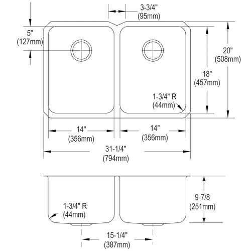 Elkay Lustertone Classic Stainless Steel 31-1/4" x 20" x 9-7/8" Equal Double Bowl Undermount Sink
