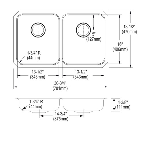 Elkay Lustertone Classic Stainless Steel 30-3/4" x 18-1/2" x 4-3/8", Equal Double Bowl Undermount ADA Sink
