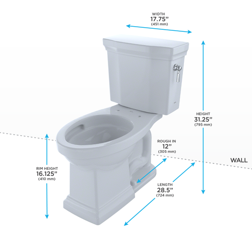 Toto Promenade II Two Piece Elongated Universal Height Toilet with CEFIONTECT and Right Hand Lever 1.28 GPF Less Seat in Cotton White
