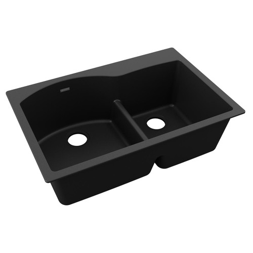 Elkay Quartz Classic 33" x 22" x 10", Offset 60/40 Double Bowl Drop-in Sink with Aqua Divide, Black