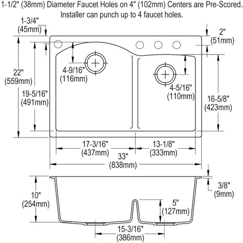 Elkay Quartz Classic 33" x 22" x 10" Offset 60/40 Double Bowl Drop-in Sink with Aqua Divide Dusk Gray