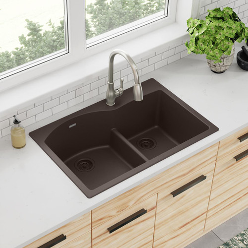 Elkay Quartz Classic 33" x 22" x 10", Offset 60/40 Double Bowl Drop-in Sink with Aqua Divide, Mocha