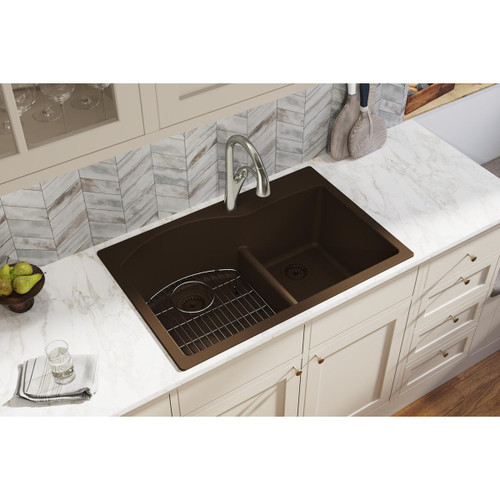 Elkay Quartz Classic 33" x 22" x 10", Offset 60/40 Double Bowl Drop-in Sink with Aqua Divide, Mocha