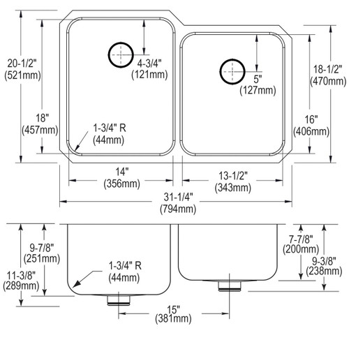 Elkay Lustertone Classic Stainless Steel, 31-1/4" x 20-1/2" x 9-7/8" Double Bowl Undermount Sink w/ Perfect Drain