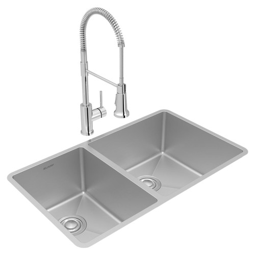 Elkay Crosstown 18 Gauge Stainless Steel 31-1/2" x 18-1/2" x 9" 40/60 Double Bowl Undermount Sink & Faucet Kit with Drain