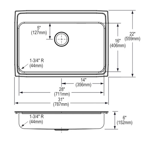 Elkay Lustertone Classic Stainless Steel 31" x 22" x 6" 4-Hole Single Bowl Drop-in ADA Sink with Quick-clip