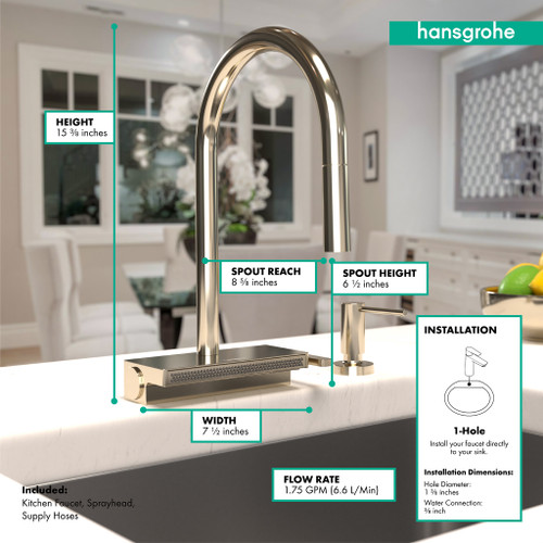 Hansgrohe 73837831 Aquno Select High Arc Kitchen Faucet, 3-Spray Pull-Down, 1.75 GPM in Polished Nickel Hansgrohe 73837831 Aquno Select High Arc Kitchen Faucet, 3-Spray Pull-Down, 1.75 GPM in Polished Nickel