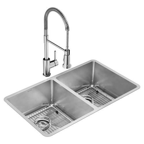 Elkay Crosstown 18 Gauge Stainless Steel 31-1/2" x 18-1/2" x 9", Equal Double Bowl Undermount Sink Kit with Faucet