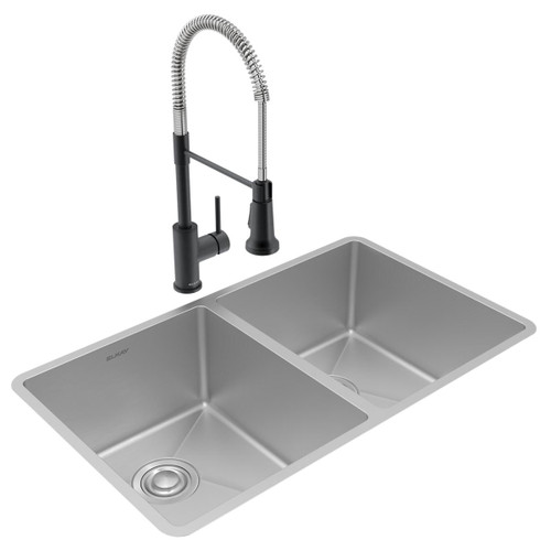Elkay Crosstown 18 Gauge Stainless Steel 31-1/2" x 18-1/2" x 9", Equal Double Bowl Undermount Sink & Faucet Kit with Drain