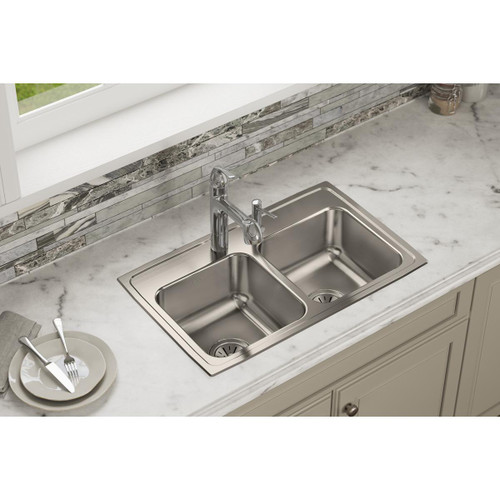 Elkay Lustertone Classic Stainless Steel 29" x 18" x 7-5/8", 5-Hole Equal Double Bowl Drop-in Sink