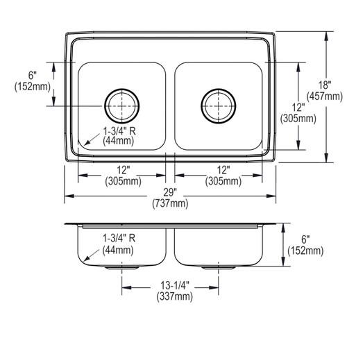 Elkay Lustertone Classic Stainless Steel 29" x 18" x 6", 3-Hole Equal Double Bowl Drop-in ADA Sink