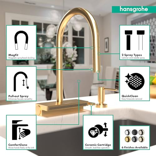 Hansgrohe 73837251 Aquno Select High Arc Kitchen Faucet, 3-Spray Pull-Down, 1.75 GPM in Brushed Gold Optic