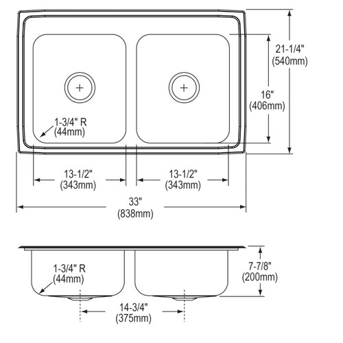 Elkay Lustertone Classic Stainless Steel 33" x 21-1/4" x 7-7/8", 0-Hole Equal Double Bowl Drop-in Sink