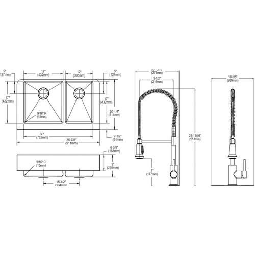 Elkay Crosstown 18 Gauge Stainless Steel 35-7/8" x 20-1/4" x 9" 60/40 Double Bowl Farmhouse Sink & Faucet Kit with Bottom Grid & Drain