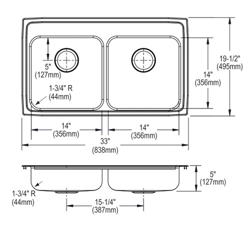 Elkay Lustertone Classic Stainless Steel 33" x 19-1/2" x 5", 5-Hole Equal Double Bowl Drop-in ADA Sink