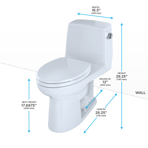 Toto Eco UltraMax One Piece Elongated ADA Compliant Toilet with Right-Hand Lever 1.28 GPF with SS114 SoftClose Seat in Cotton White