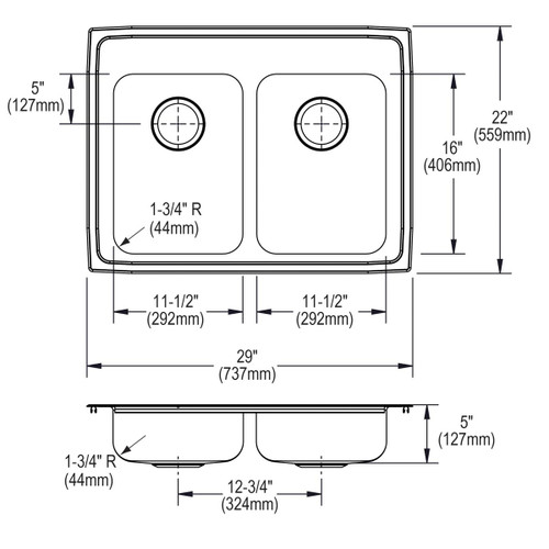 Elkay Lustertone Classic Stainless Steel 29" x 22" x 5" 3-Hole Equal Double Bowl Drop-in ADA Sink