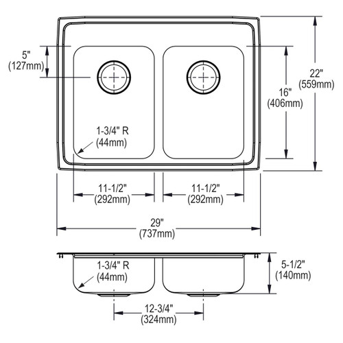 Elkay Lustertone Classic Stainless Steel 29" x 22" x 5-1/2", MR2-Hole Equal Double Bowl Drop-in ADA Sink