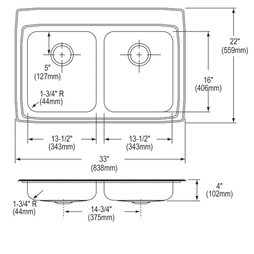 Elkay Lustertone Classic Stainless Steel 33" x 22" x 4", 3-Hole Equal Double Bowl Drop-in ADA Sink