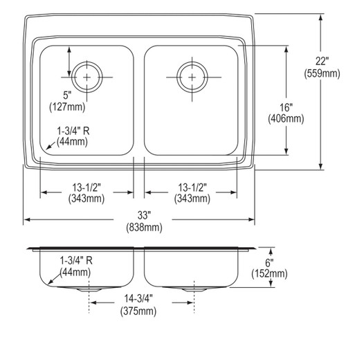 Elkay Lustertone Classic Stainless Steel 33" x 22" x 6", 1-Hole Equal Double Bowl Drop-in ADA Sink with Quick-clip